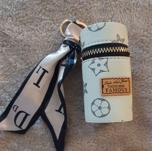 New Cream Gray Flower Print Novelty Mini Cylinder Coin Purse Keychain Bag Charm